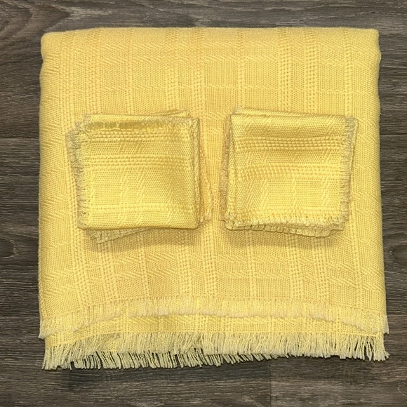 Other - Boho Yellow Tablecloth Matching 14 Napkins Fringed Cotton Dining Decor Retro